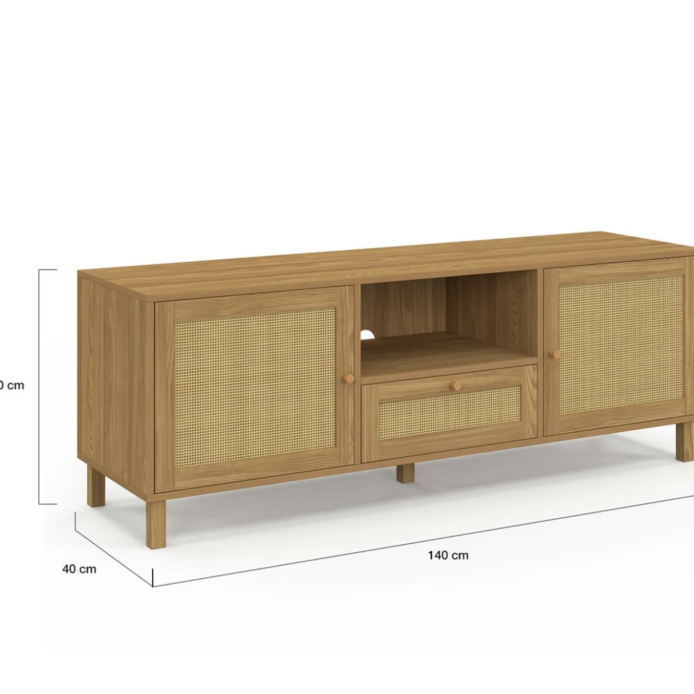 Meuble TV 140 cm vintage 3 portes effet naturel cannage