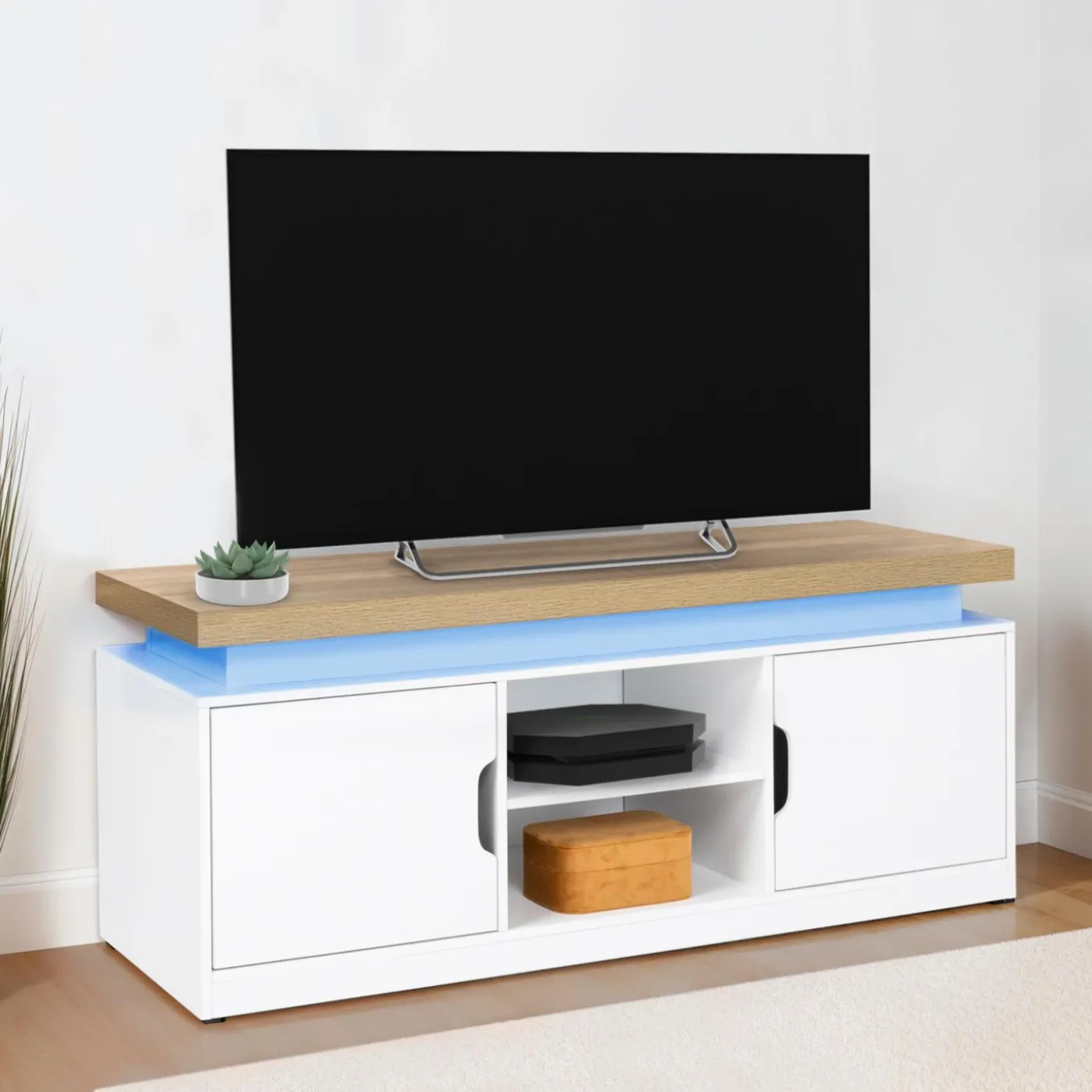 Meuble TV à LEDS blanc et bois avec 2 portes 110 cm