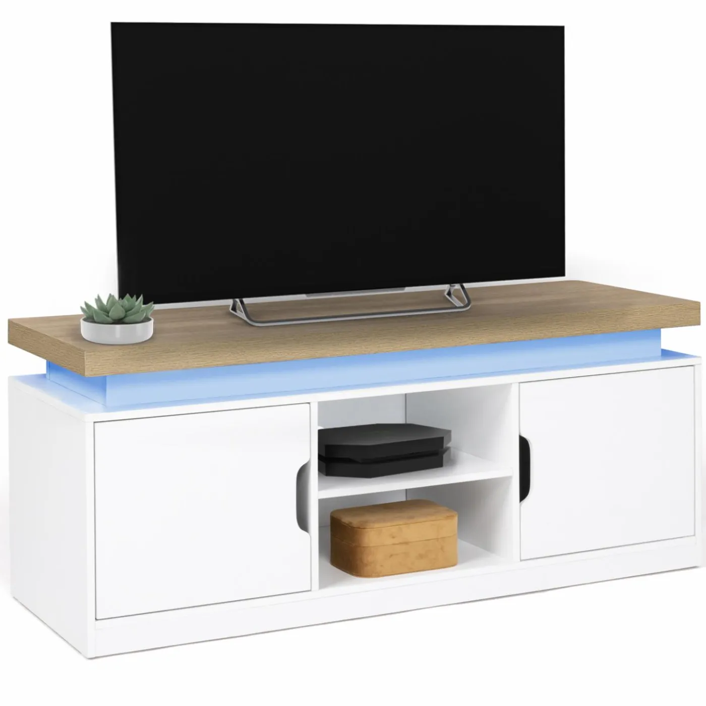 Meuble TV à LEDS blanc et bois avec 2 portes 110 cm