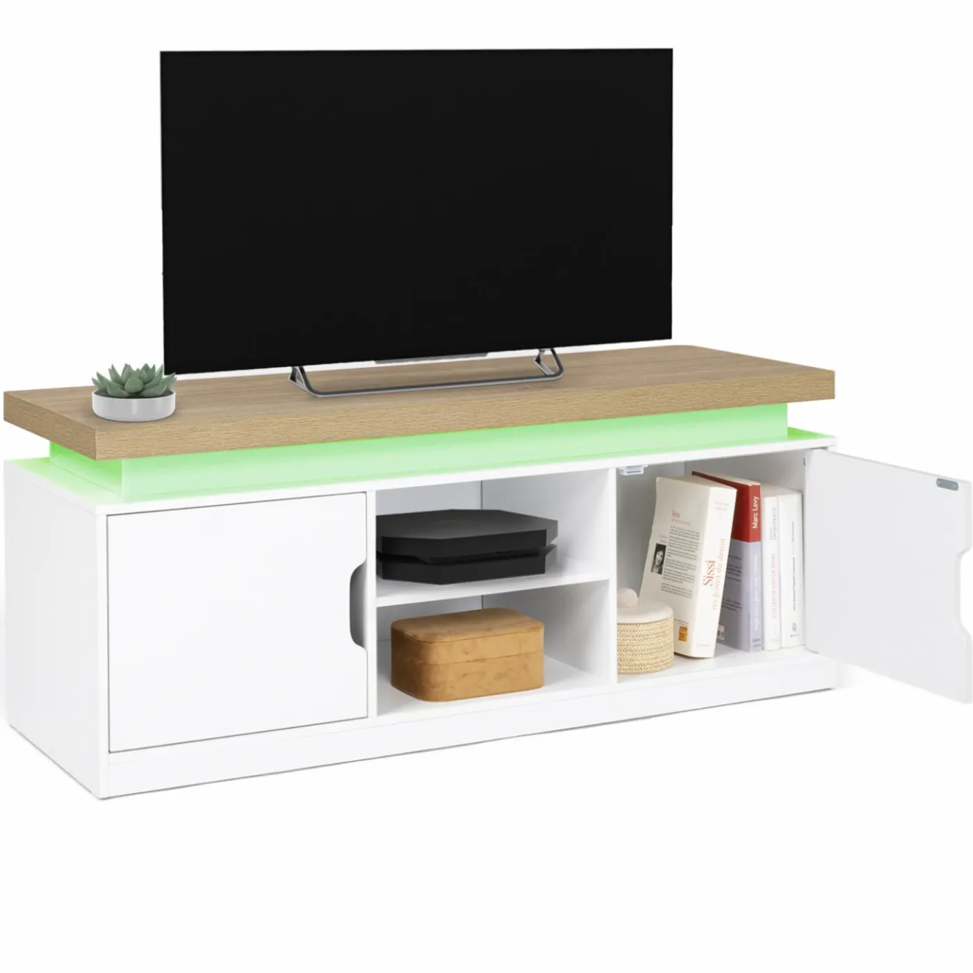 Meuble TV à LEDS blanc et bois avec 2 portes 110 cm