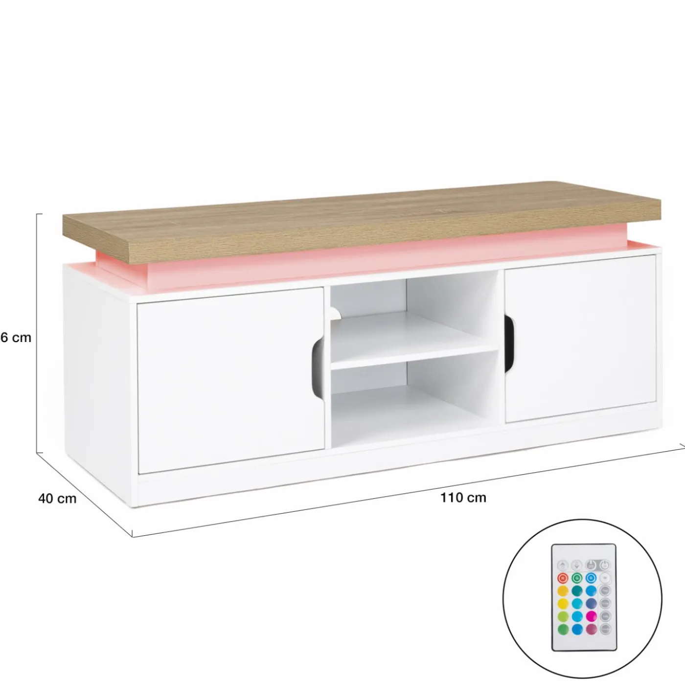 Meuble TV à LEDS blanc et bois avec 2 portes 110 cm