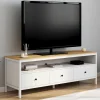 Meuble TV 3 tiroirs blanc et plateau bois 140 cm