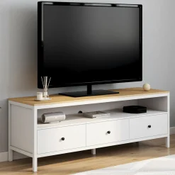 Meuble TV 3 tiroirs blanc et plateau bois 140 cm