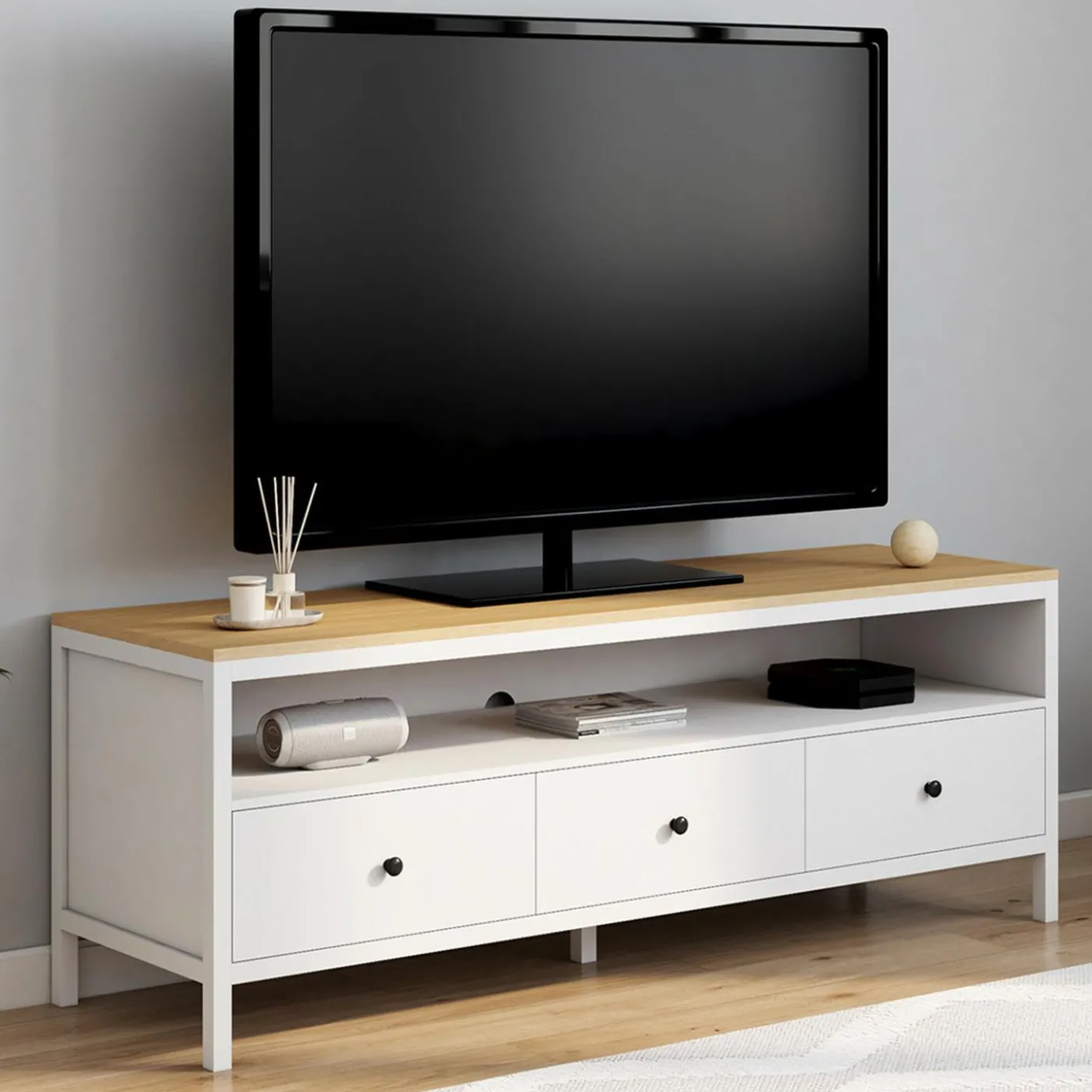 Meuble TV 3 tiroirs blanc et plateau bois 140 cm