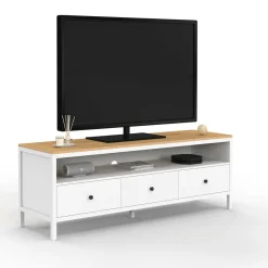 Meuble TV 3 tiroirs blanc et plateau bois 140 cm