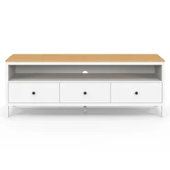 Meuble TV 3 tiroirs blanc et plateau bois 140 cm