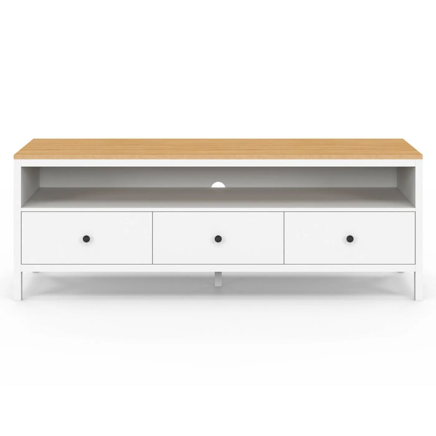 Meuble TV 3 tiroirs blanc et plateau bois 140 cm