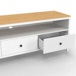 Meuble TV 3 tiroirs blanc et plateau bois 140 cm