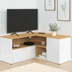 Meuble TV 90 x 90 cm d'angle façon hêtre et blanc
