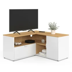 Meuble TV 90 x 90 cm d'angle façon hêtre et blanc
