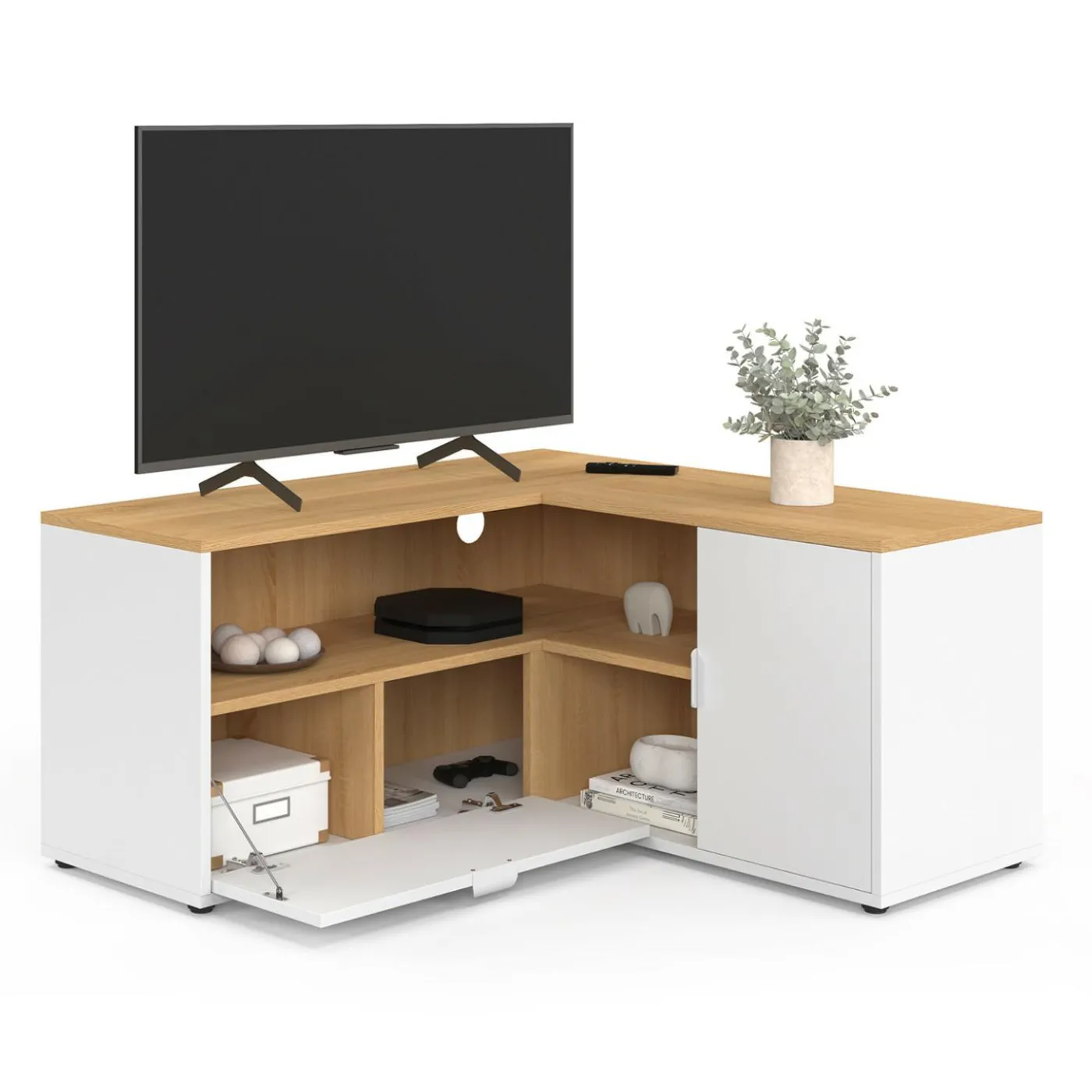 Meuble TV 90 x 90 cm d'angle façon hêtre et blanc