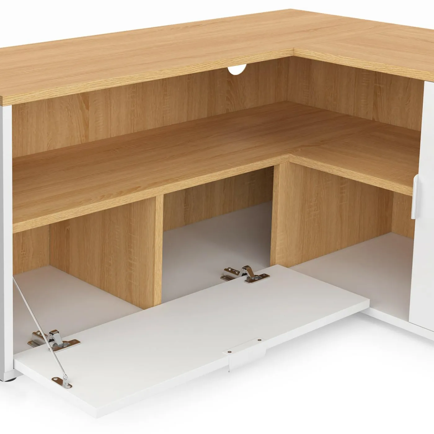 Meuble TV 90 x 90 cm d'angle façon hêtre et blanc