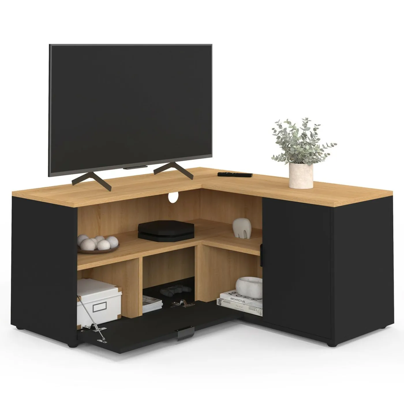Meuble TV 90 x 90 cm d'angle façon hêtre et noir