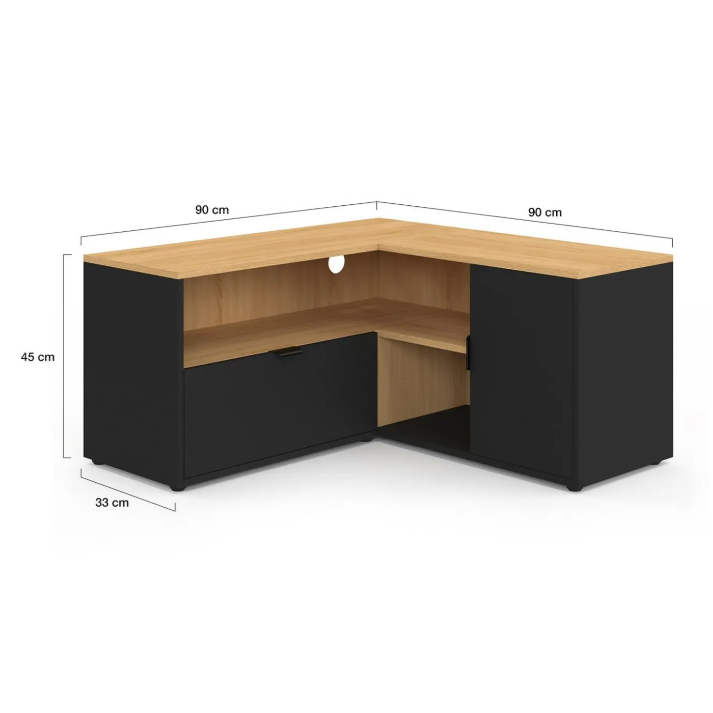 Meuble TV 90 x 90 cm d'angle façon hêtre et noir