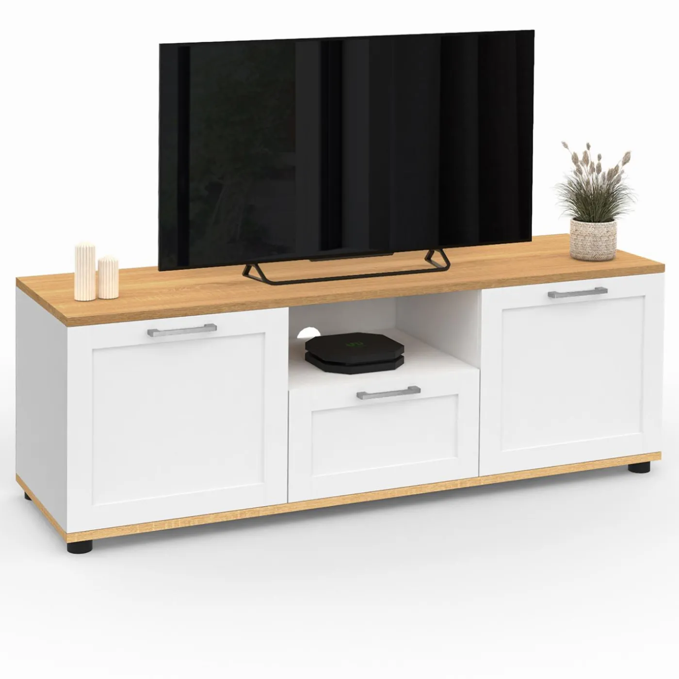 Meuble TV blanc et bois 110 cm avec tiroir et niche