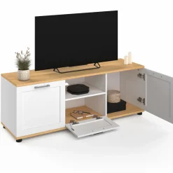 Meuble TV blanc et bois 110 cm avec tiroir et niche