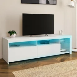 Meuble TV blanc laqué avec étagères en verre et LED