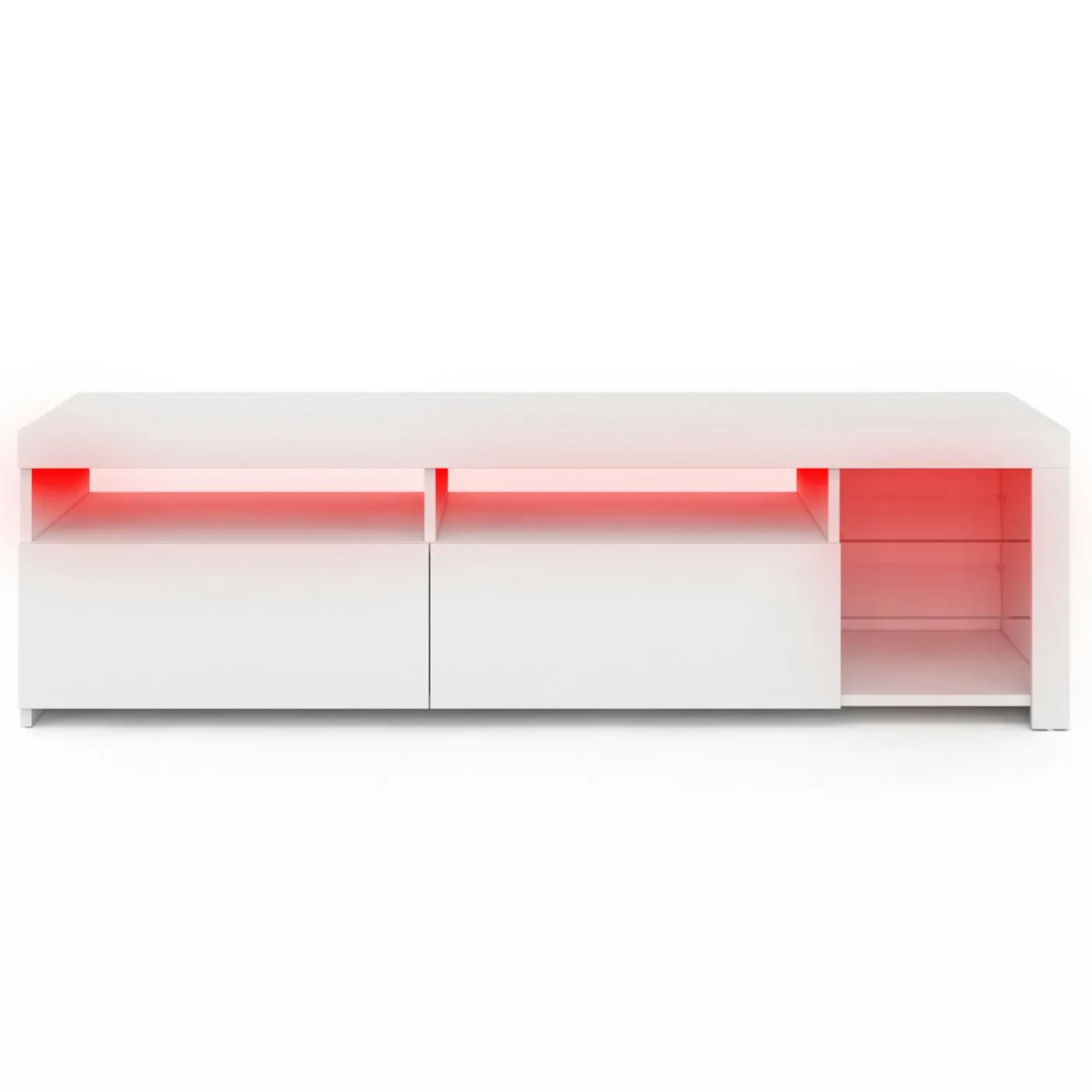 Meuble TV blanc laqué avec étagères en verre et LED