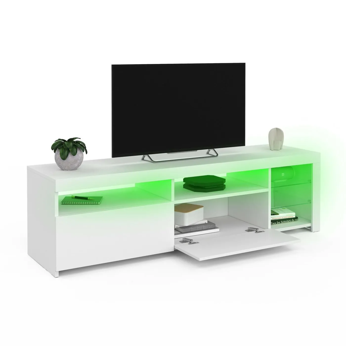 Meuble TV blanc laqué avec étagères en verre et LED