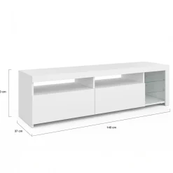 Meuble TV blanc laqué avec étagères en verre et LED