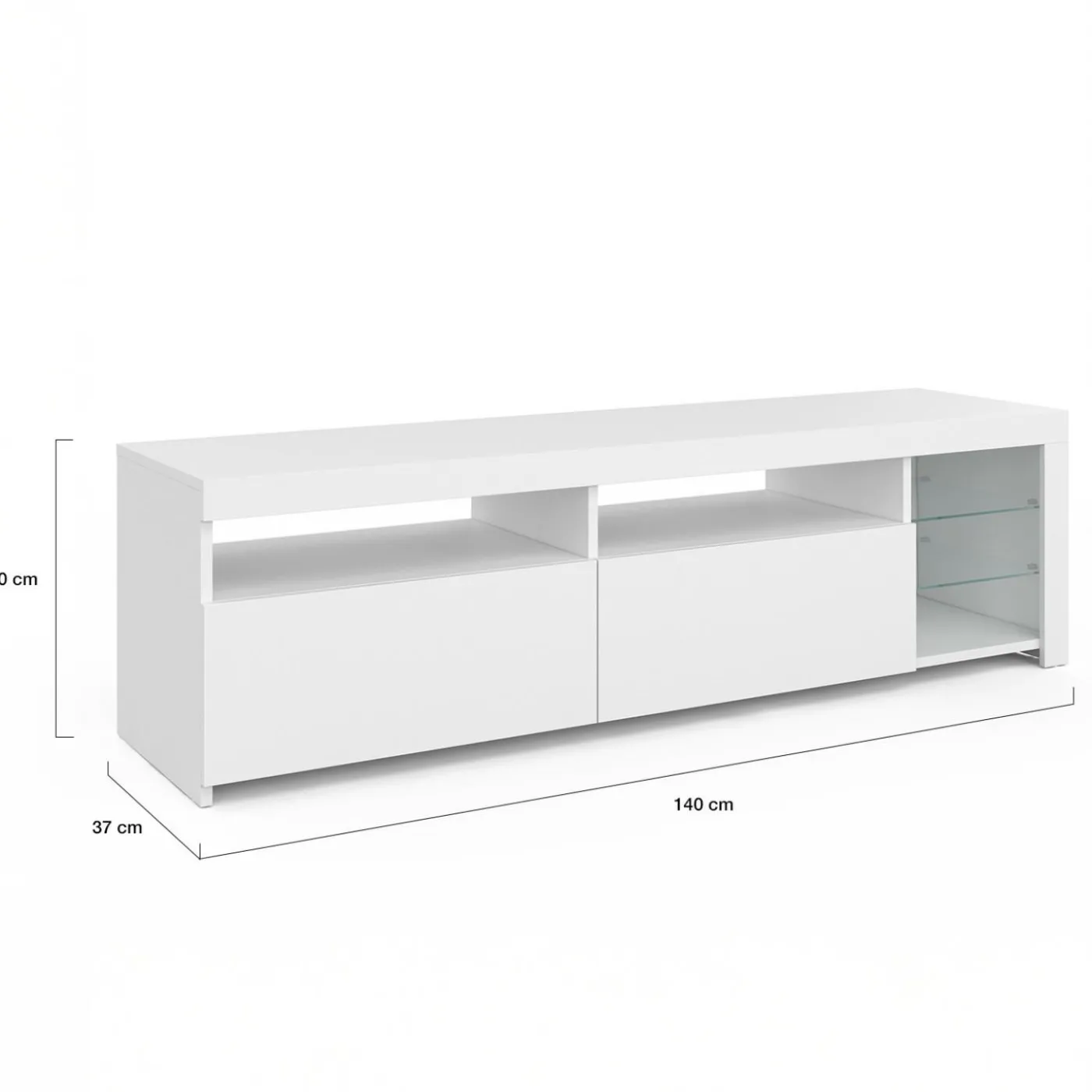 Meuble TV blanc laqué avec étagères en verre et LED