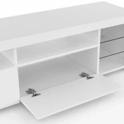 Meuble TV blanc laqué avec étagères en verre et LED