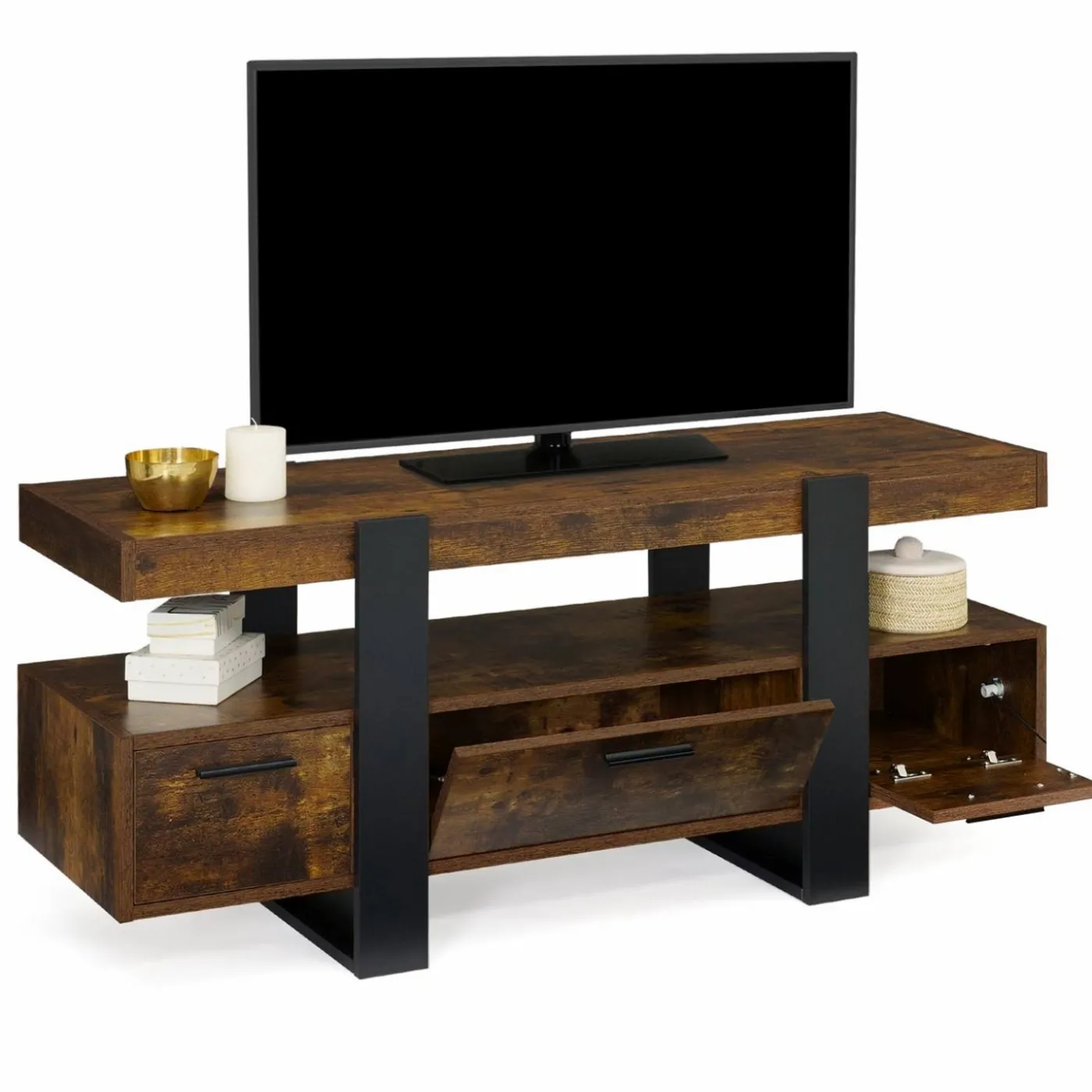Meuble TV bois effet vieilli et noir avec tiroirs