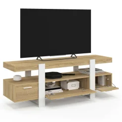 Meuble TV bois et blanc 140 cm avec tiroirs