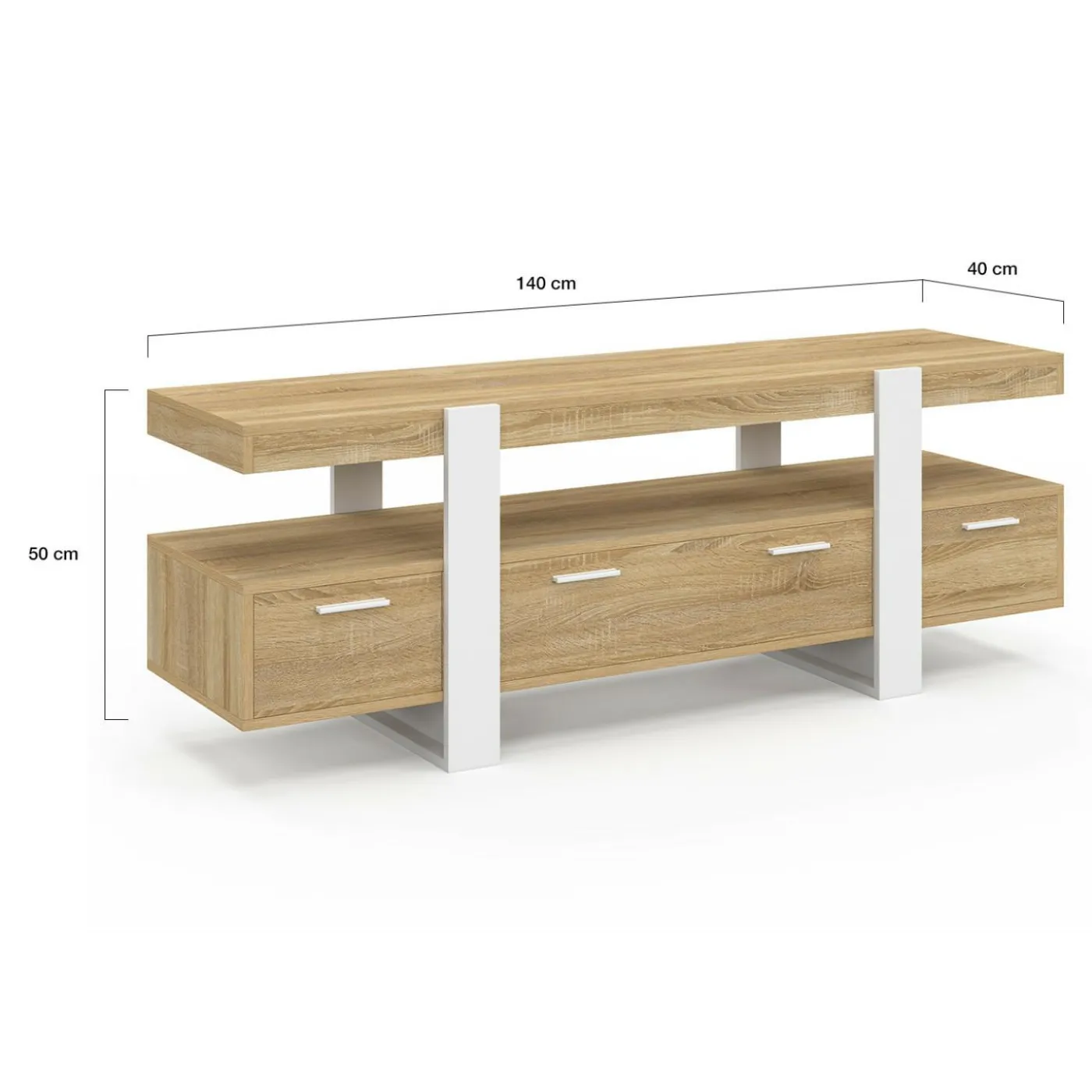 Meuble TV bois et blanc 140 cm avec tiroirs