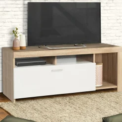 Meuble TV bois et placard blanc moderne