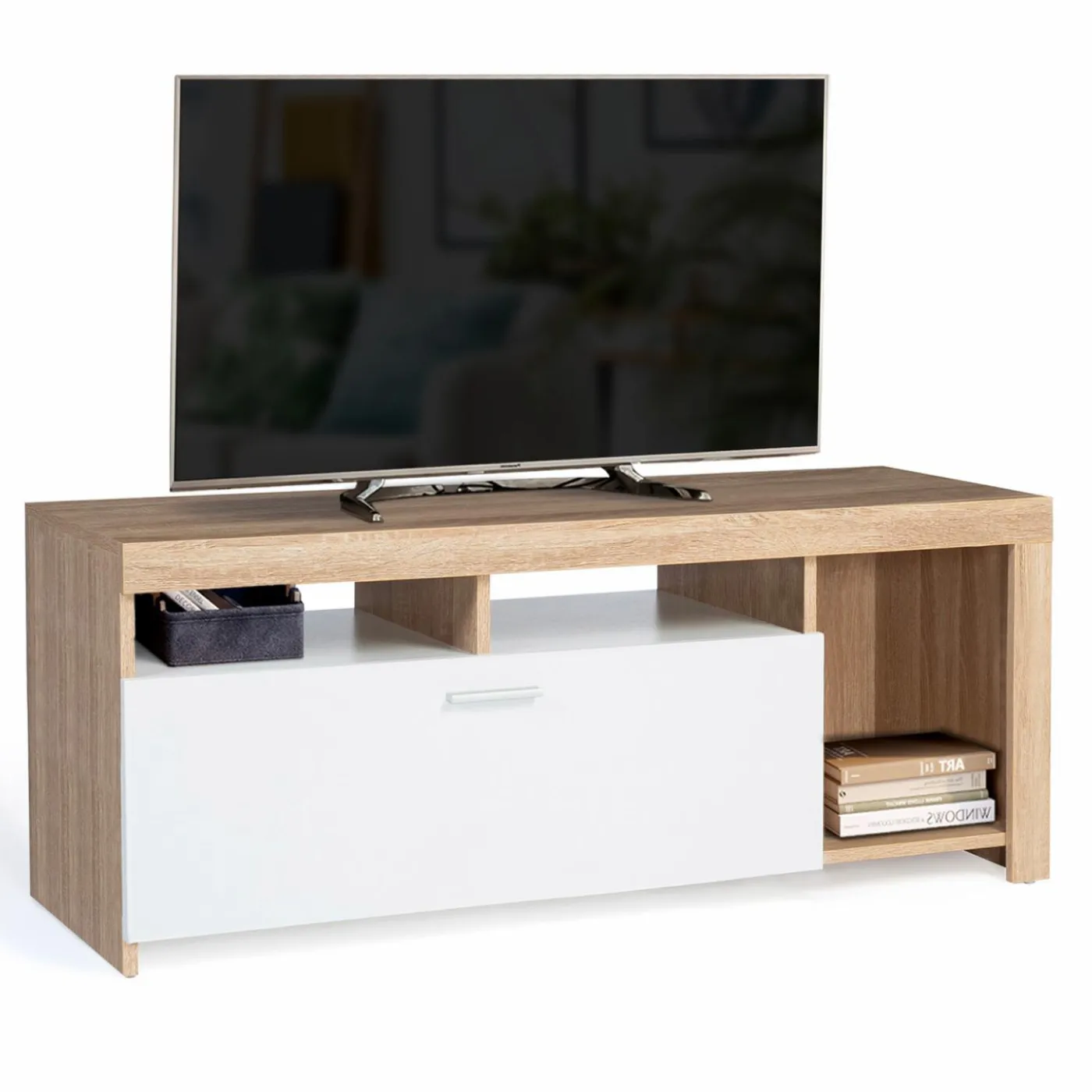 Meuble TV bois et placard blanc moderne