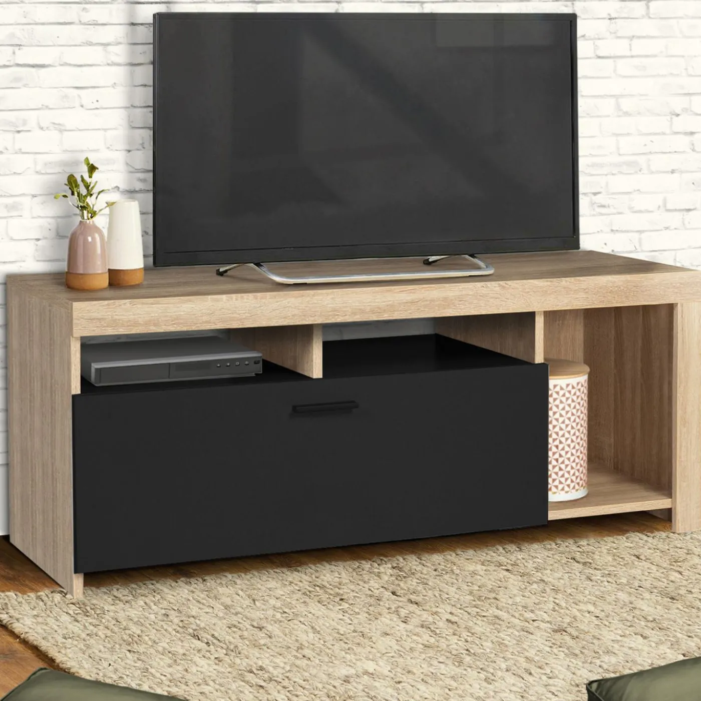Meuble TV bois et placard noir moderne