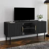 Meuble TV bois noir 110 cm 2 portes effet lattes