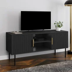 Meuble TV bois noir 110 cm 2 portes effet lattes