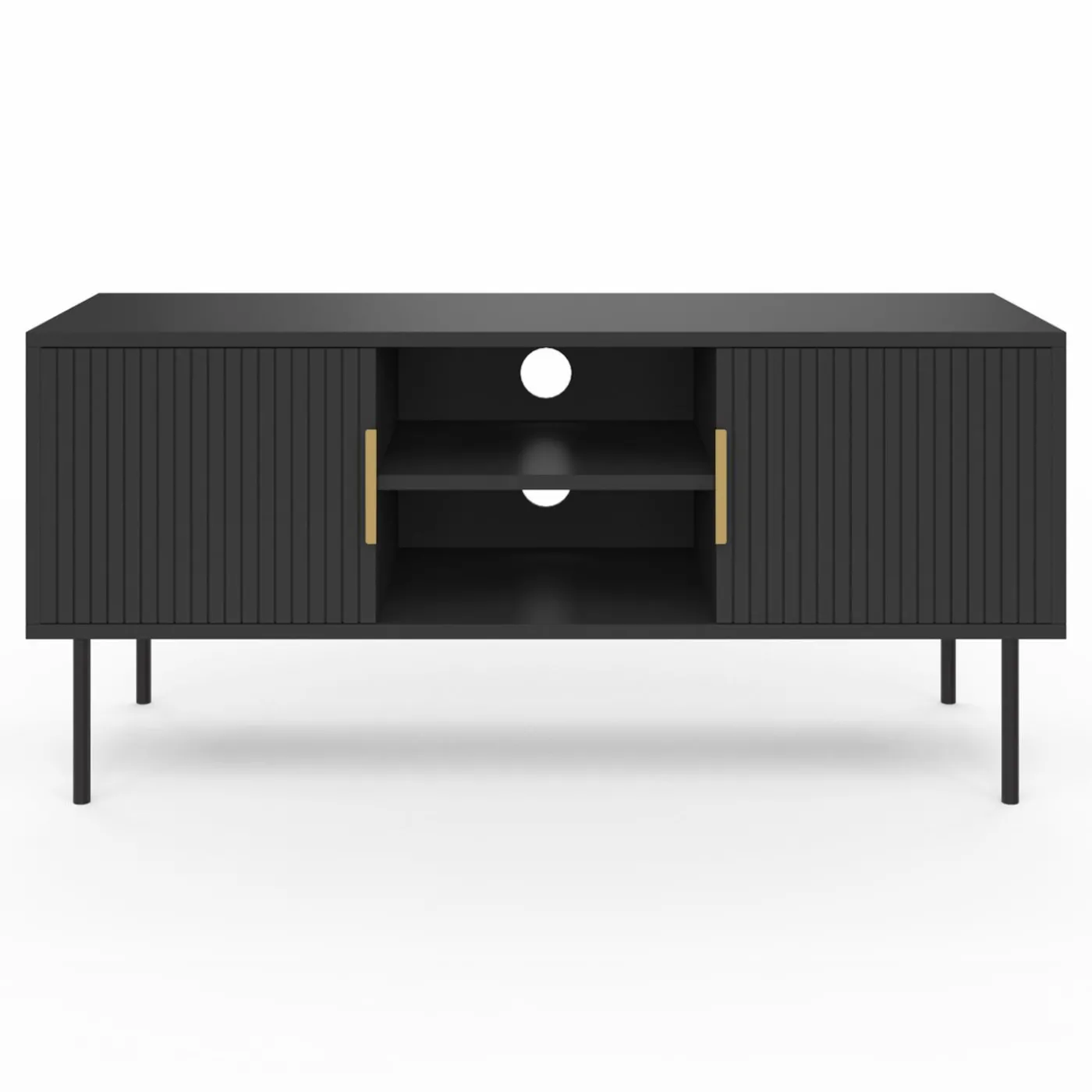 Meuble TV bois noir 110 cm 2 portes effet lattes