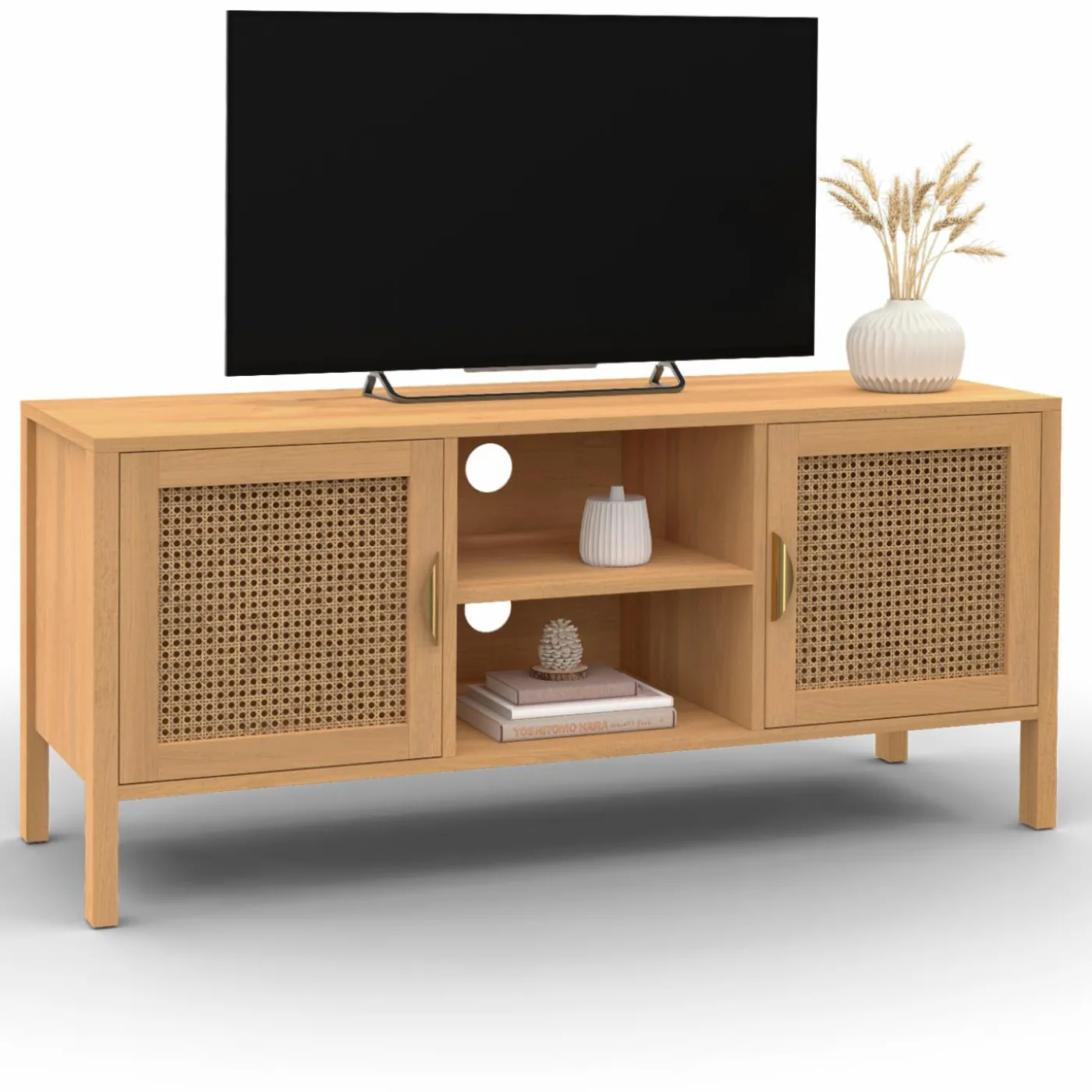 Meuble TV cannage 110 cm avec 2 portes