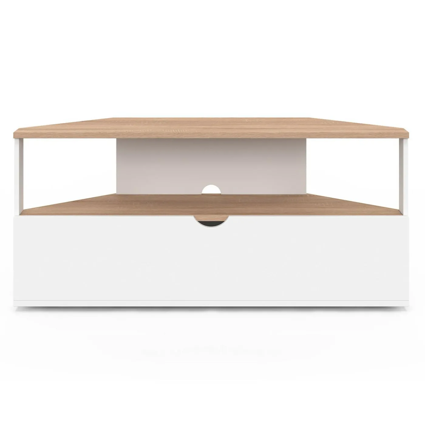 Meuble TV d'angle 100 cm en bois façon hêtre et blanc