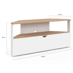 Meuble TV d'angle 100 cm en bois façon hêtre et blanc
