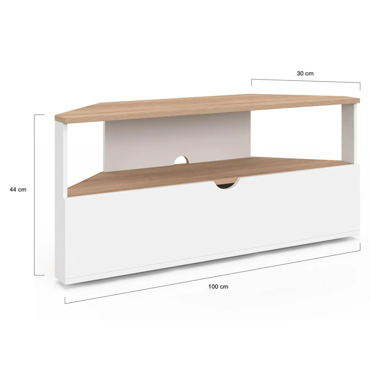 Meuble TV d'angle 100 cm en bois façon hêtre et blanc