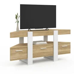 Meuble TV d'angle bois et blanc 110cm avec tiroir