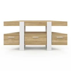 Meuble TV d'angle bois et blanc 110cm avec tiroir