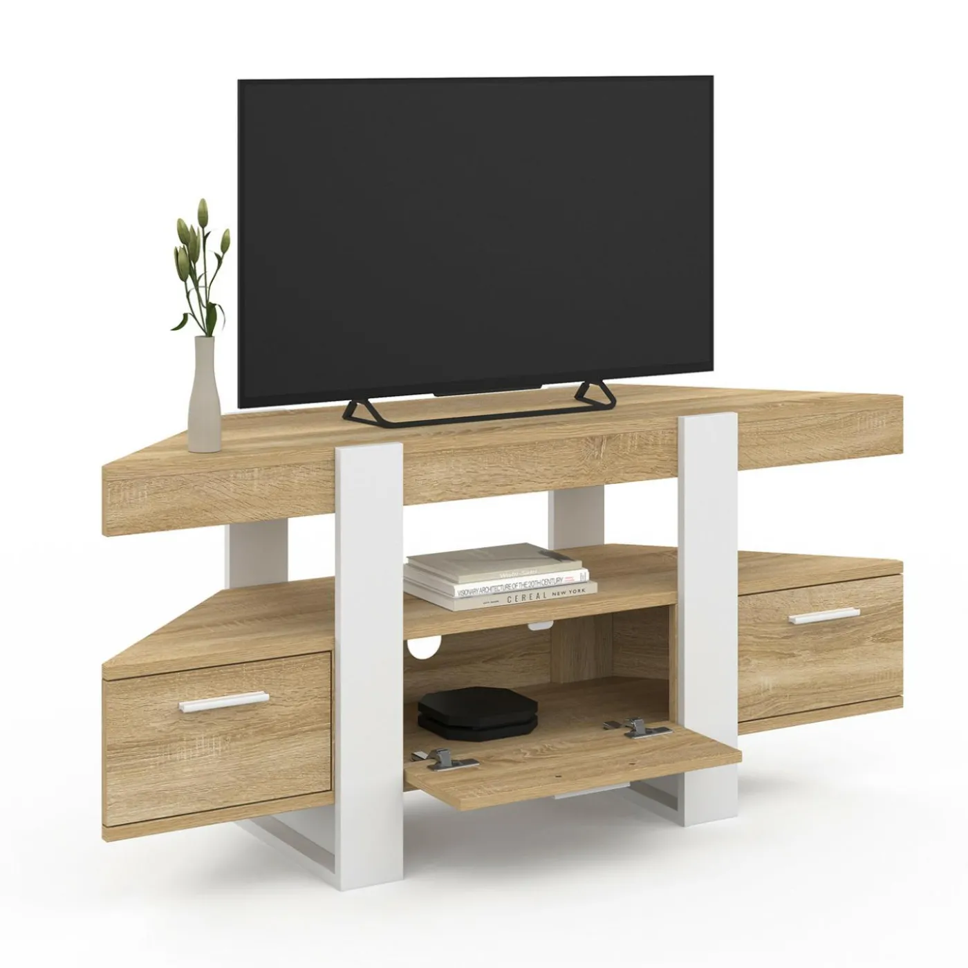 Meuble TV d'angle bois et blanc 110cm avec tiroir