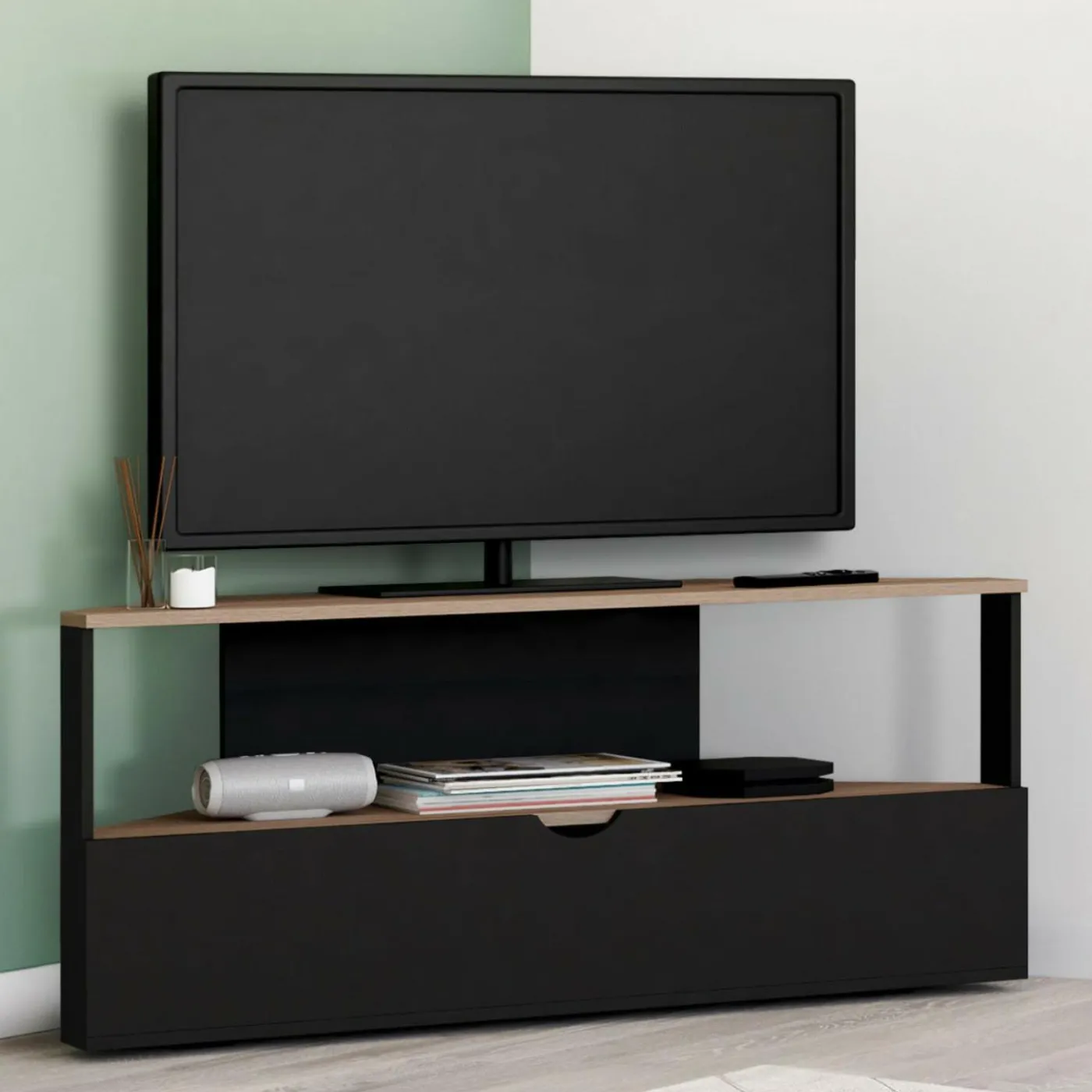 Meuble TV d'angle bois façon hêtre et noir 100 cm