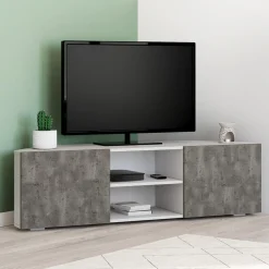 Meuble TV d'angle effet béton et blanc 110 cm