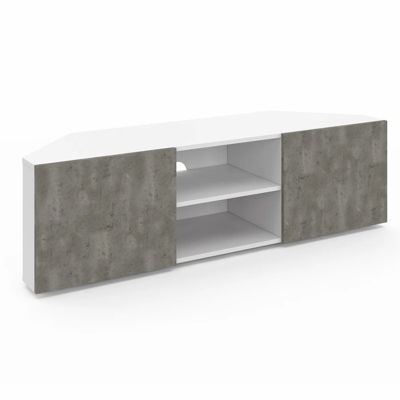 Meuble TV d'angle effet béton et blanc 110 cm