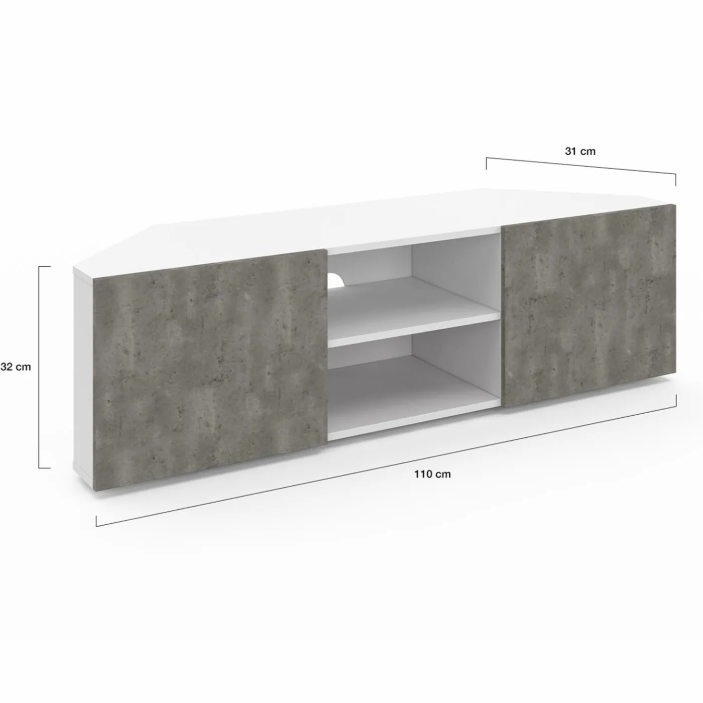 Meuble TV d'angle effet béton et blanc 110 cm