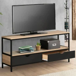 Meuble TV en bois et métal noir 2 tiroirs