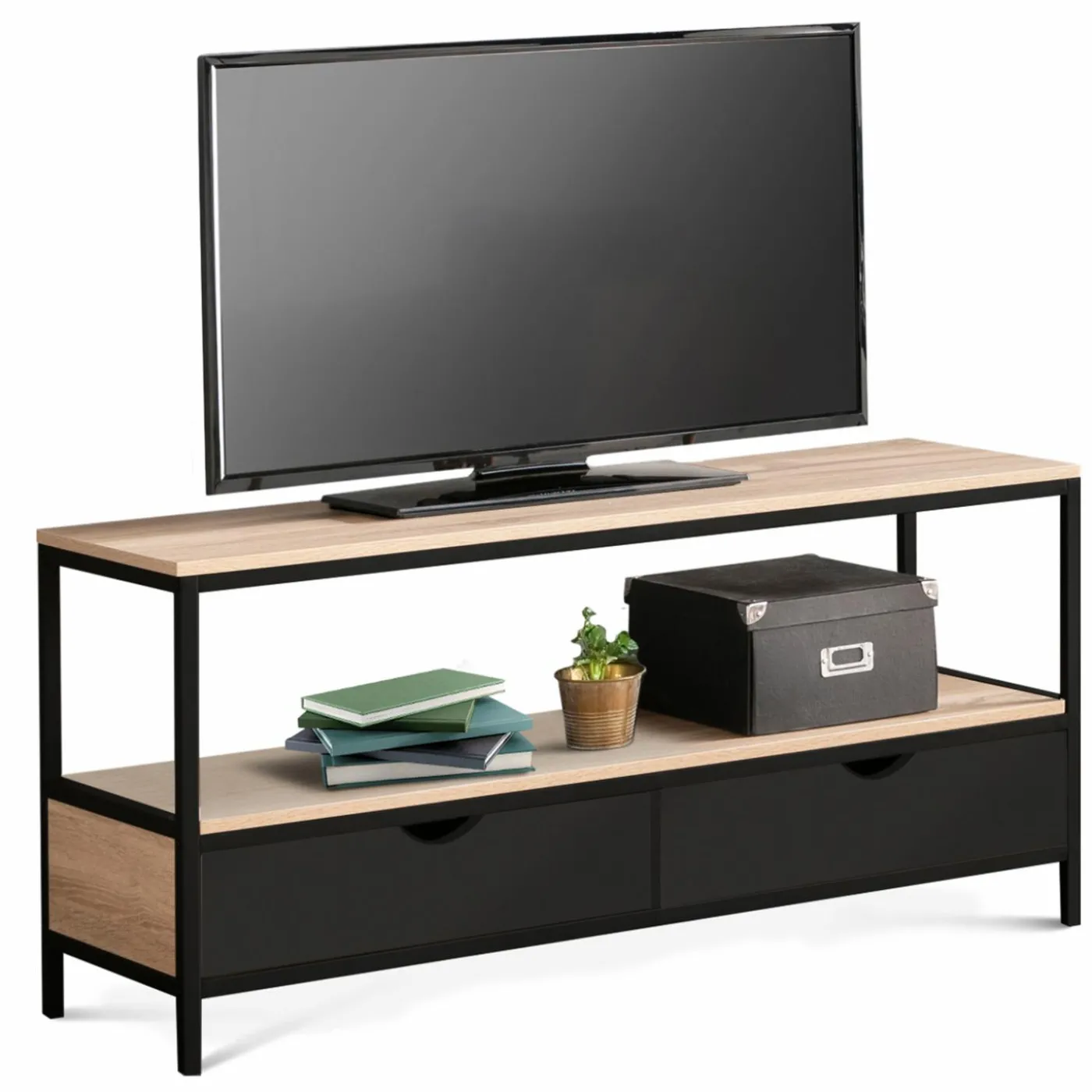 Meuble TV en bois et métal noir 2 tiroirs