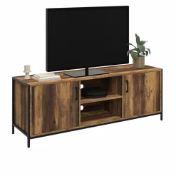 Meuble TV industriel 140 cm bois foncé avec 2 portes