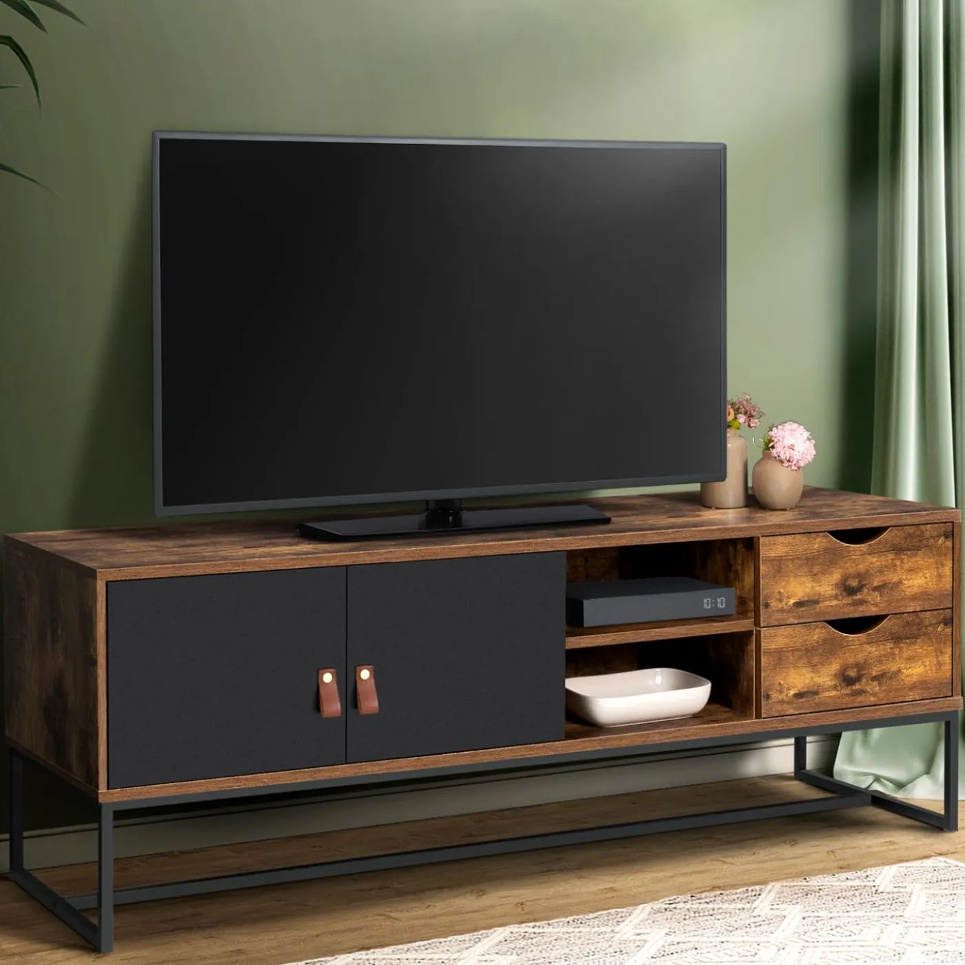 Meuble TV industriel bois et métal 140 cm avec 2 portes et tiroirs